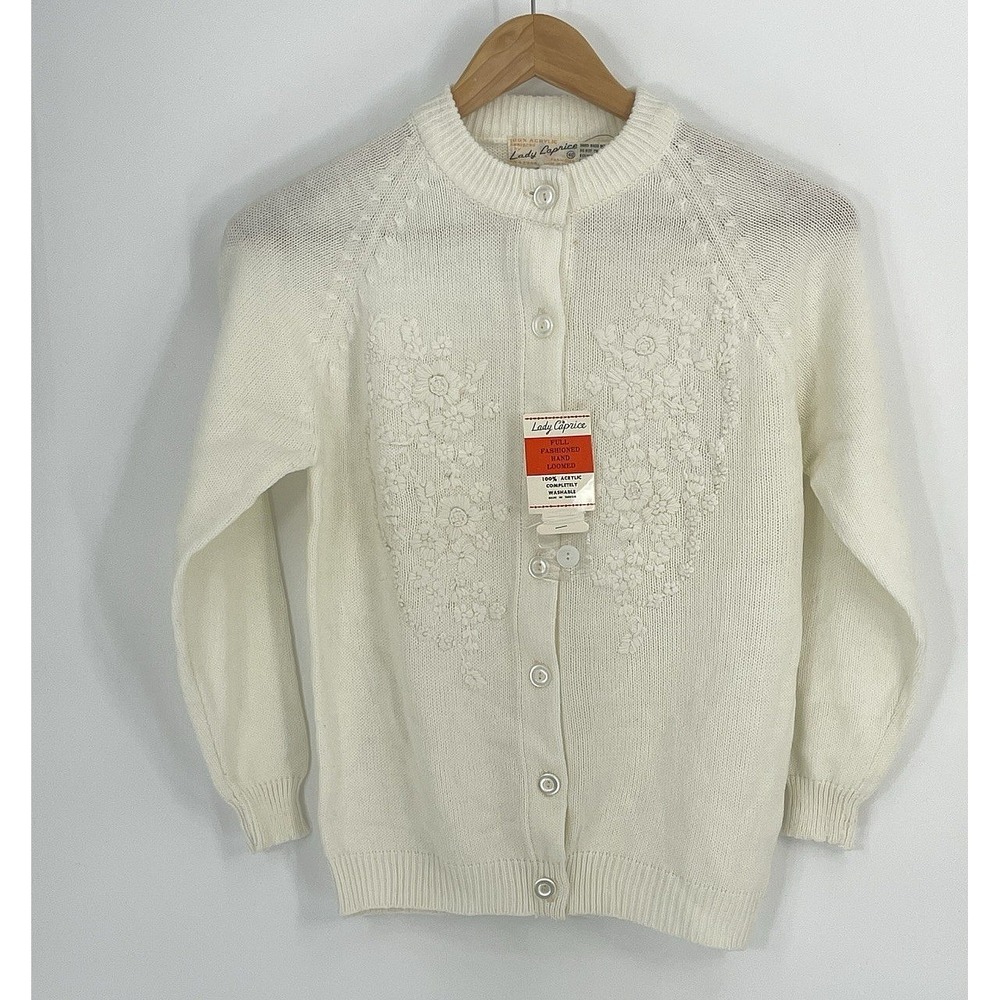 NOS 70s Lady Caprice Women Size 40 Embroidered White Sweater Vintage Hand Loomed